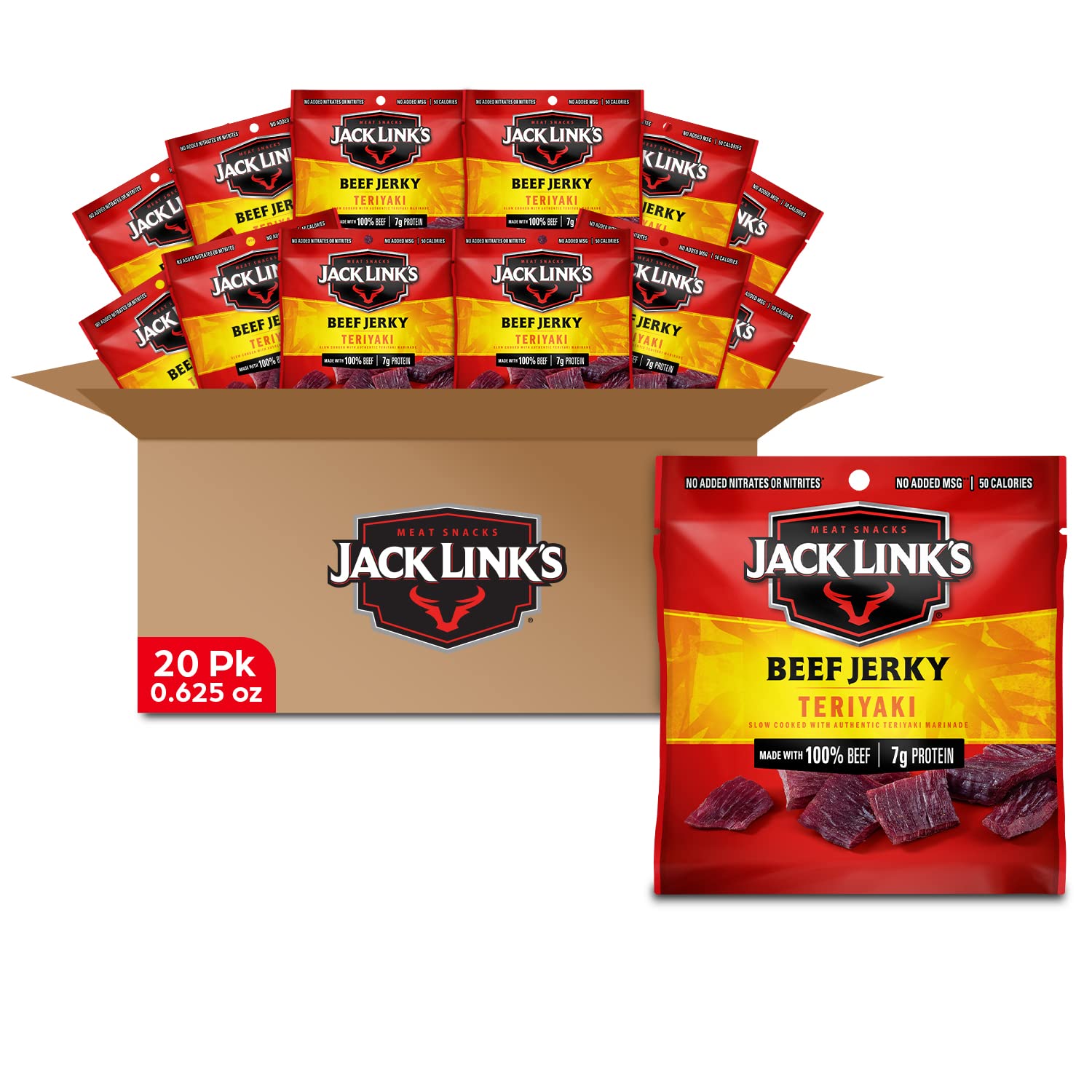 Jack Link's Beef Jerky, Teriyaki, Multipack Bags - Flavorful Meat Snack for Lunches, Ready to Eat - 7g of Protein, Made with Premium Beef, No Added MSG - 0.625 oz (Pack of 20)
