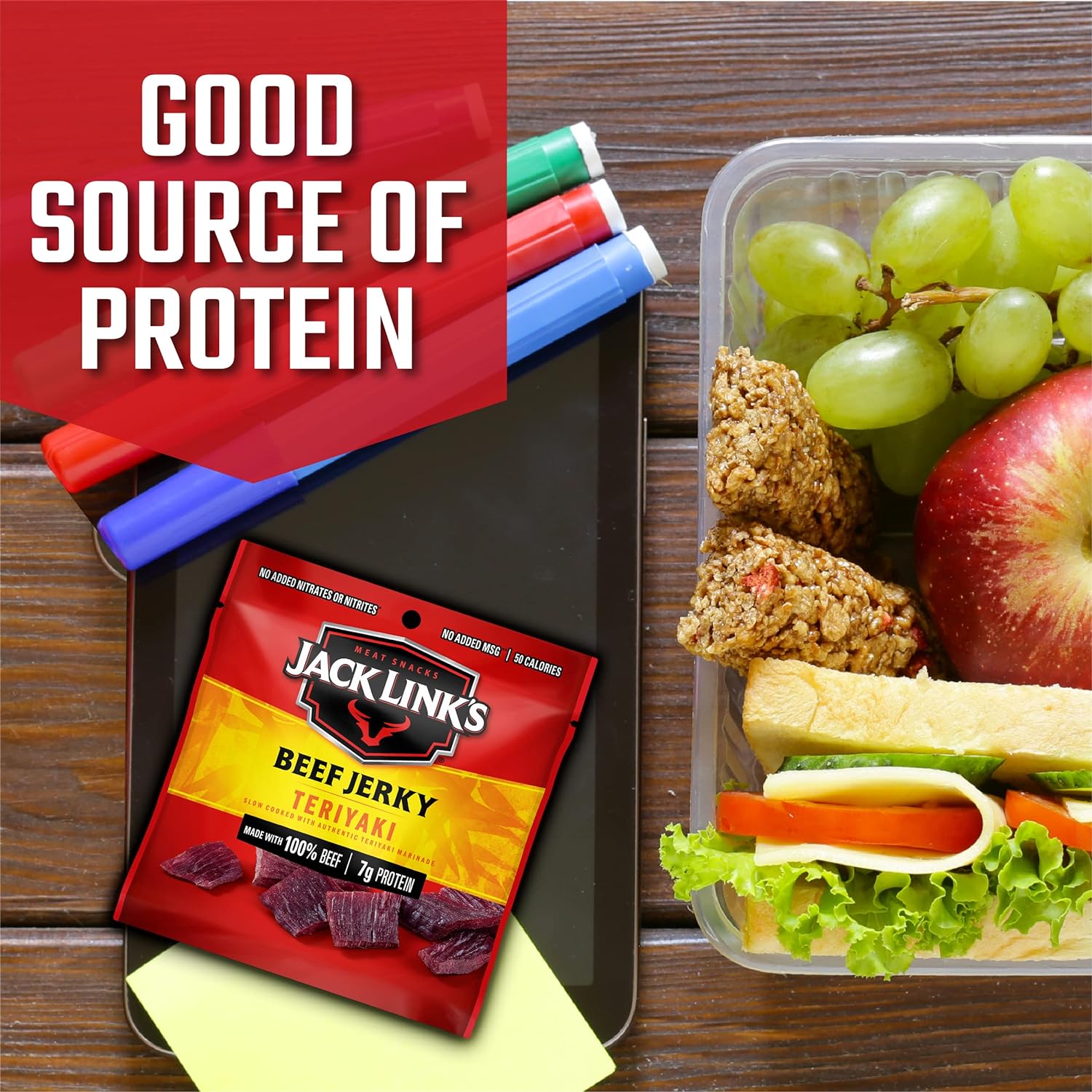 Jack Link's Beef Jerky, Teriyaki, Multipack Bags - Flavorful Meat Snack for Lunches, Ready to Eat - 7g of Protein, Made with Premium Beef, No Added MSG - 0.625 oz (Pack of 20) - Image 2